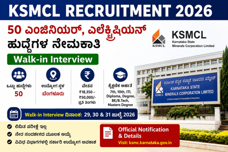 KSMCL Recruitment 2026 Walk-in Interview for 50 Engineers and Electrician Posts