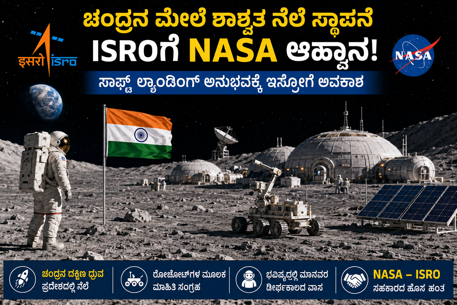 NASA ISRO Moon Base ಚಂದ್ರನ ಮೇಲೆ ಶಾಶ್ವತ ನೆಲೆ