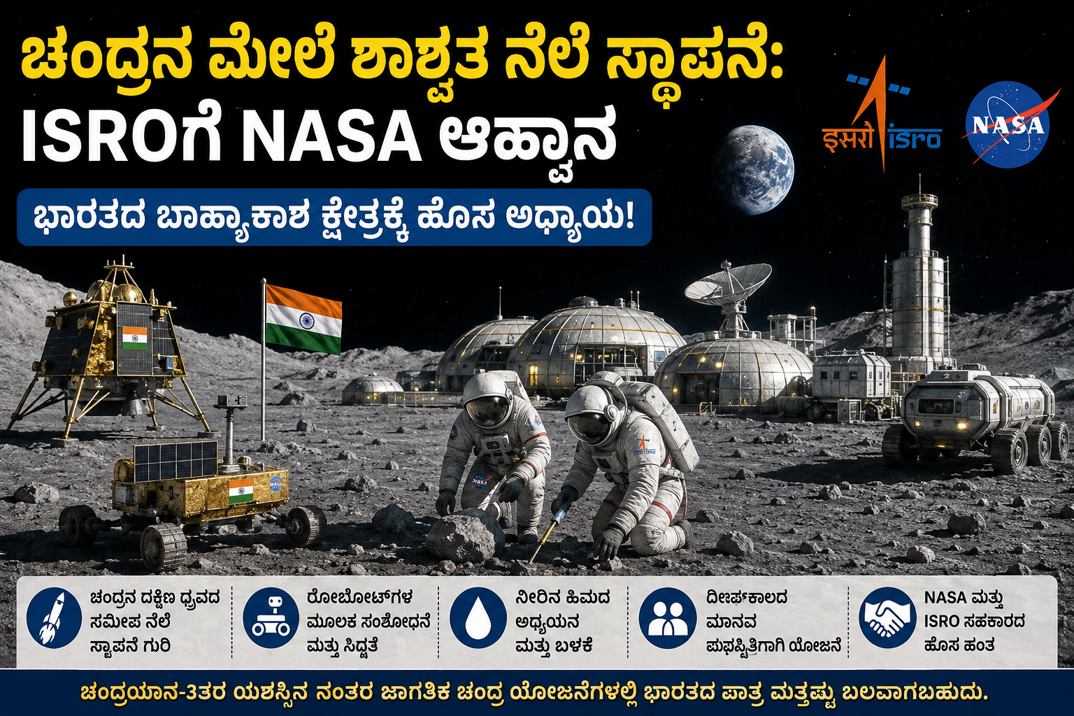 NASA ISRO Moon Base ಚಂದ್ರನ ಮೇಲೆ ಶಾಶ್ವತ ನೆಲೆ